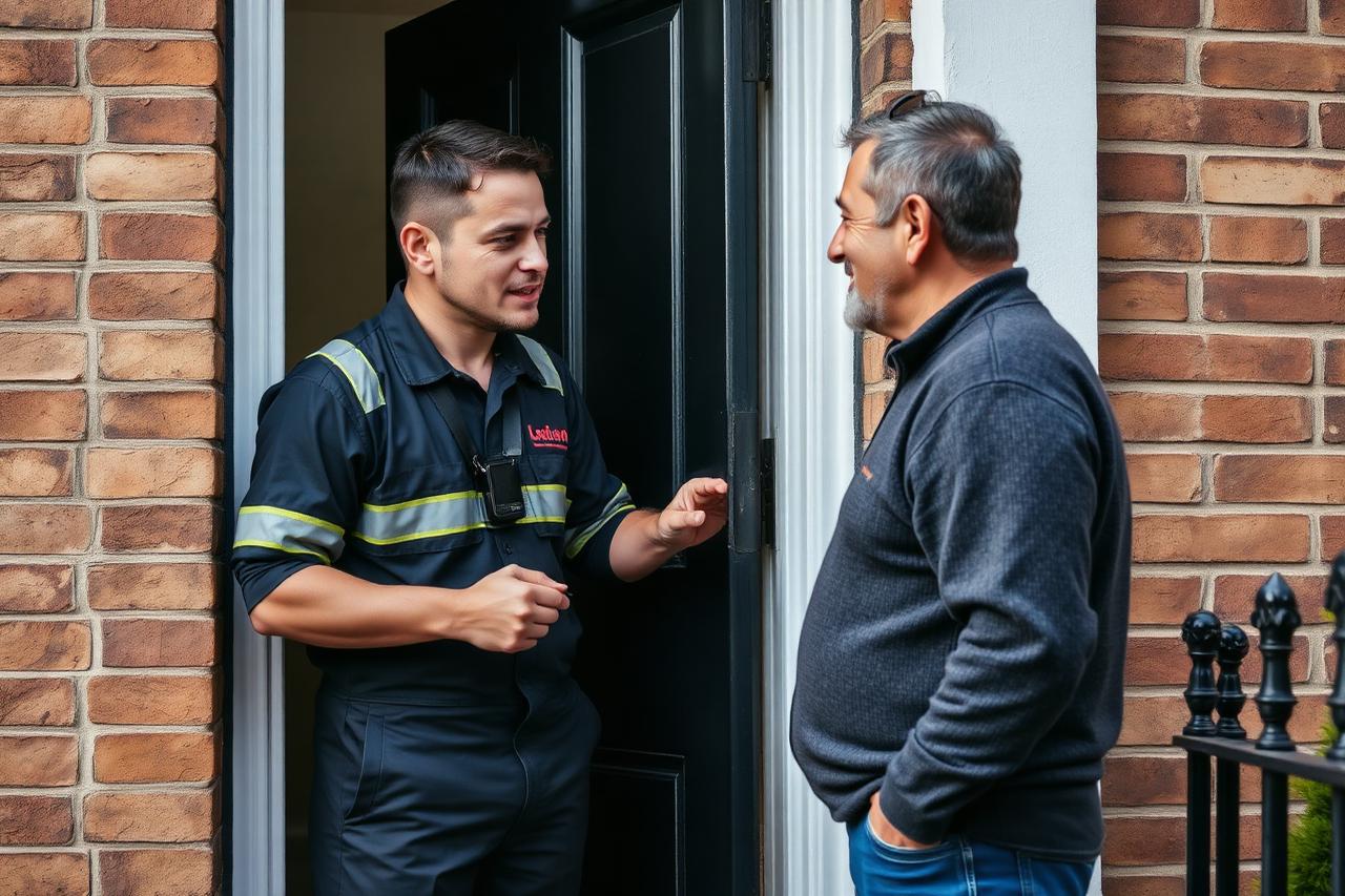 Locksmith speaking with a homeowner at the front door of a brick house