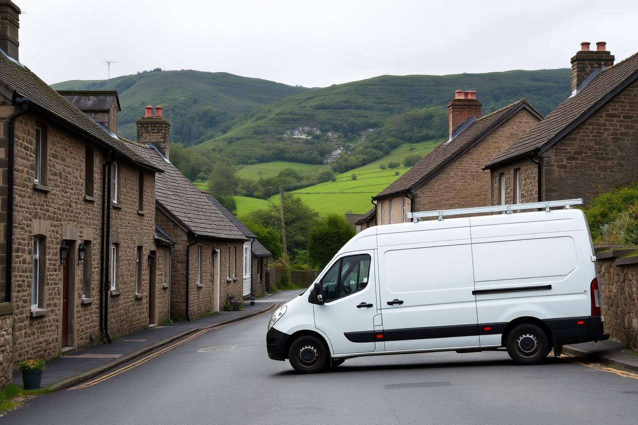 Stone cottages on a quiet village street with a white work van parked at the kerb