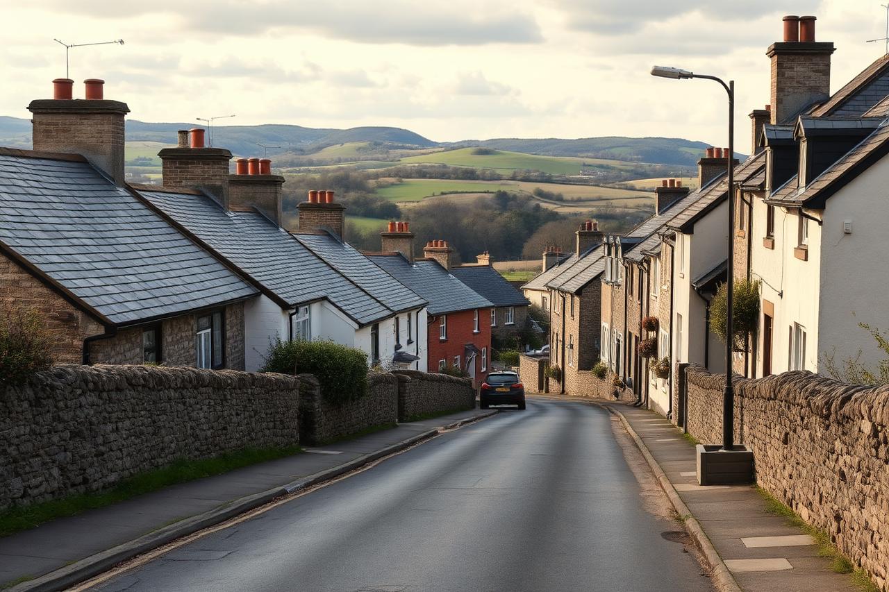Sloping road of slate roofed houses with Cornish countryside behind