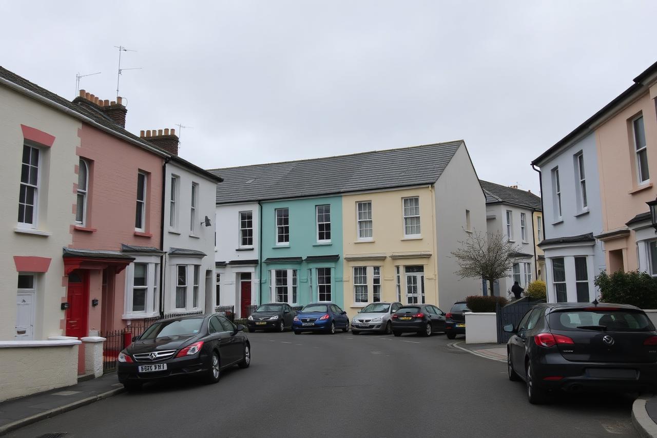 Plymouth residential terraced street with painted houses and parked cars