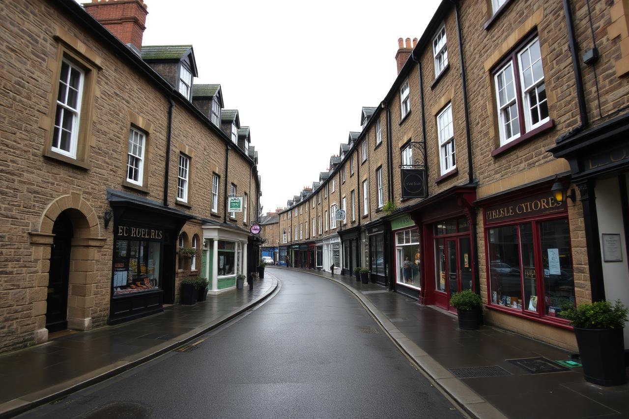 Curved street of Victorian stone buildings on a wet day in a Devon market town