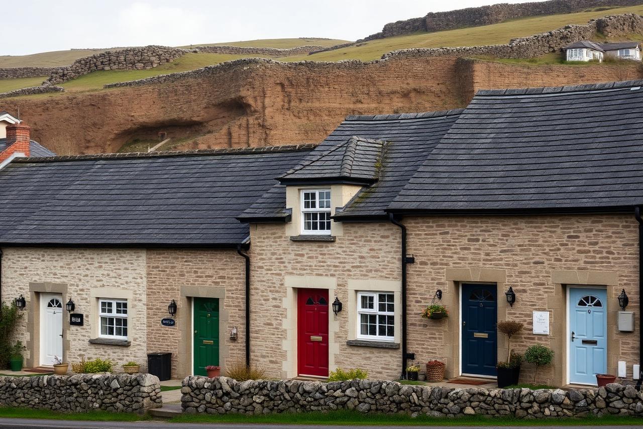Row of stone houses with painted front doors below open moorland