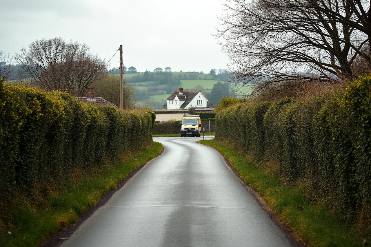 Country lane between hedgerows leading to a house in the Devon countryside