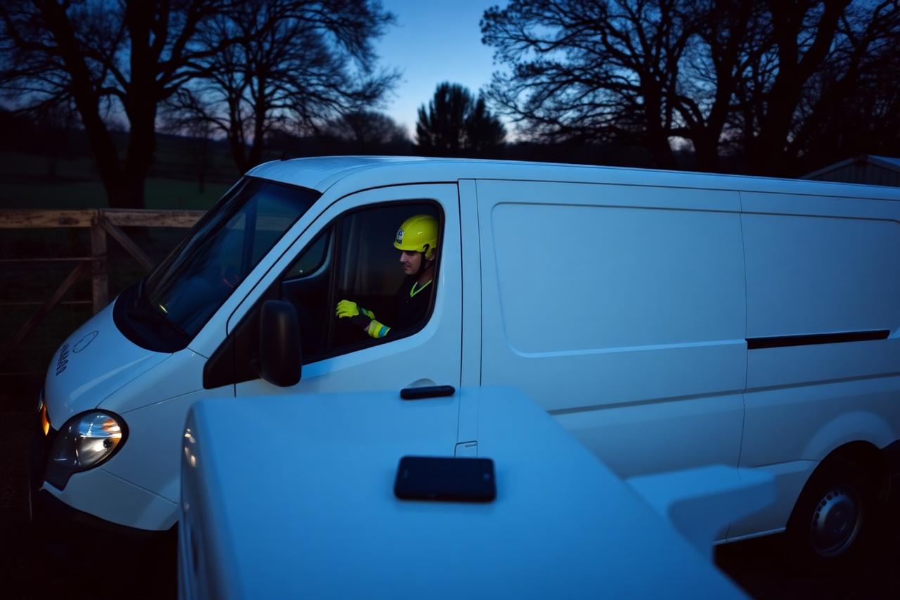 White work van parked at a rural farm gate at dusk with headlights on