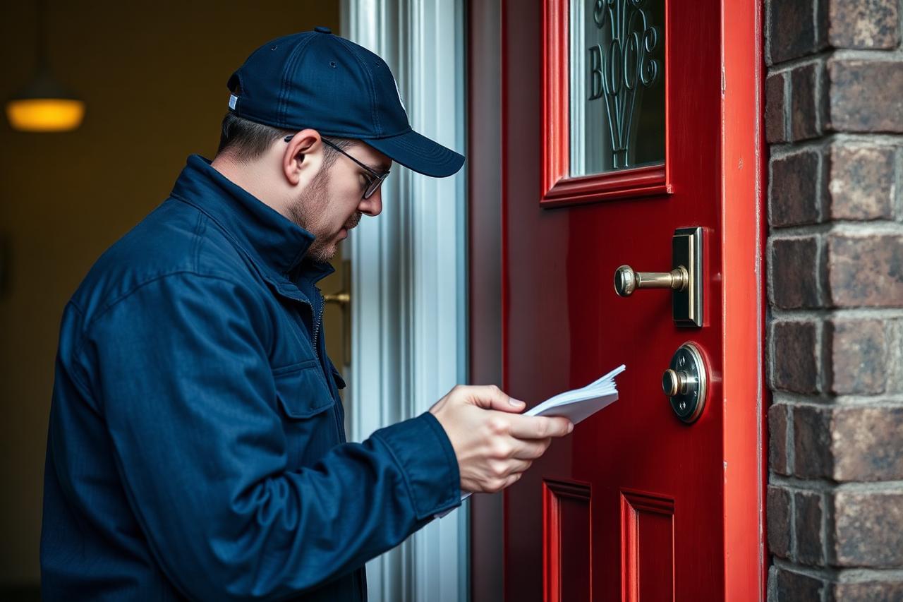 Locksmith reading notes beside a red front door with a brass lock