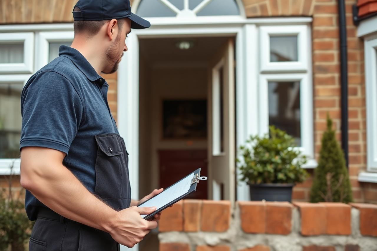 Locksmith with a clipboard checking the doors and windows of a family home