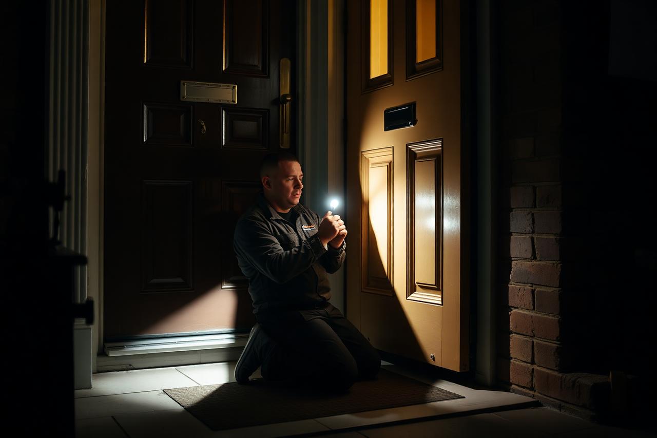 Locksmith kneeling at a domestic front door working on the lock at night
