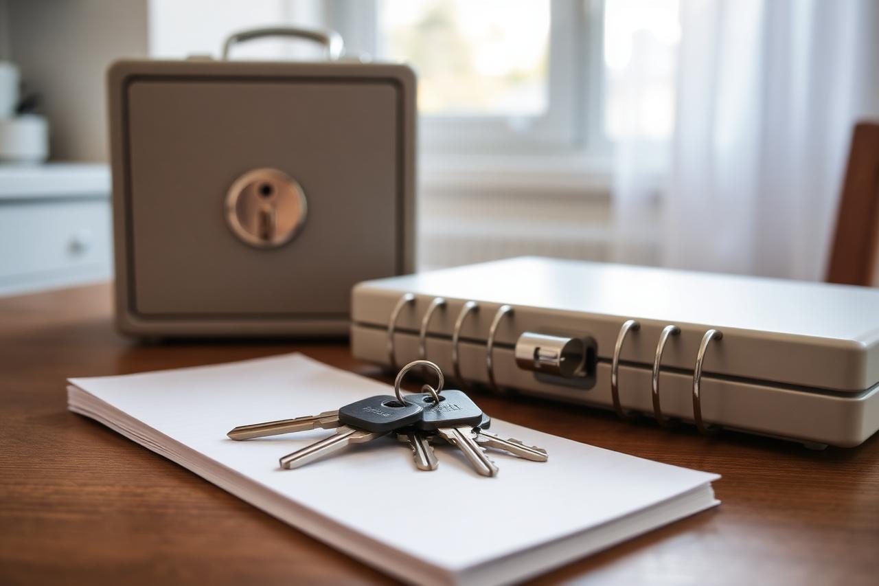 Set of house keys resting on paperwork beside a small lock box on a table