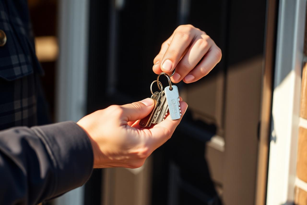 Locksmith handing a new set of door keys to a homeowner
