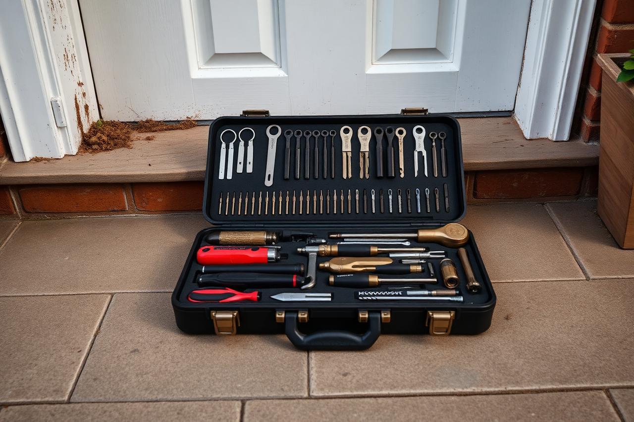 Open locksmith tool case with picks and hardware on a doorstep