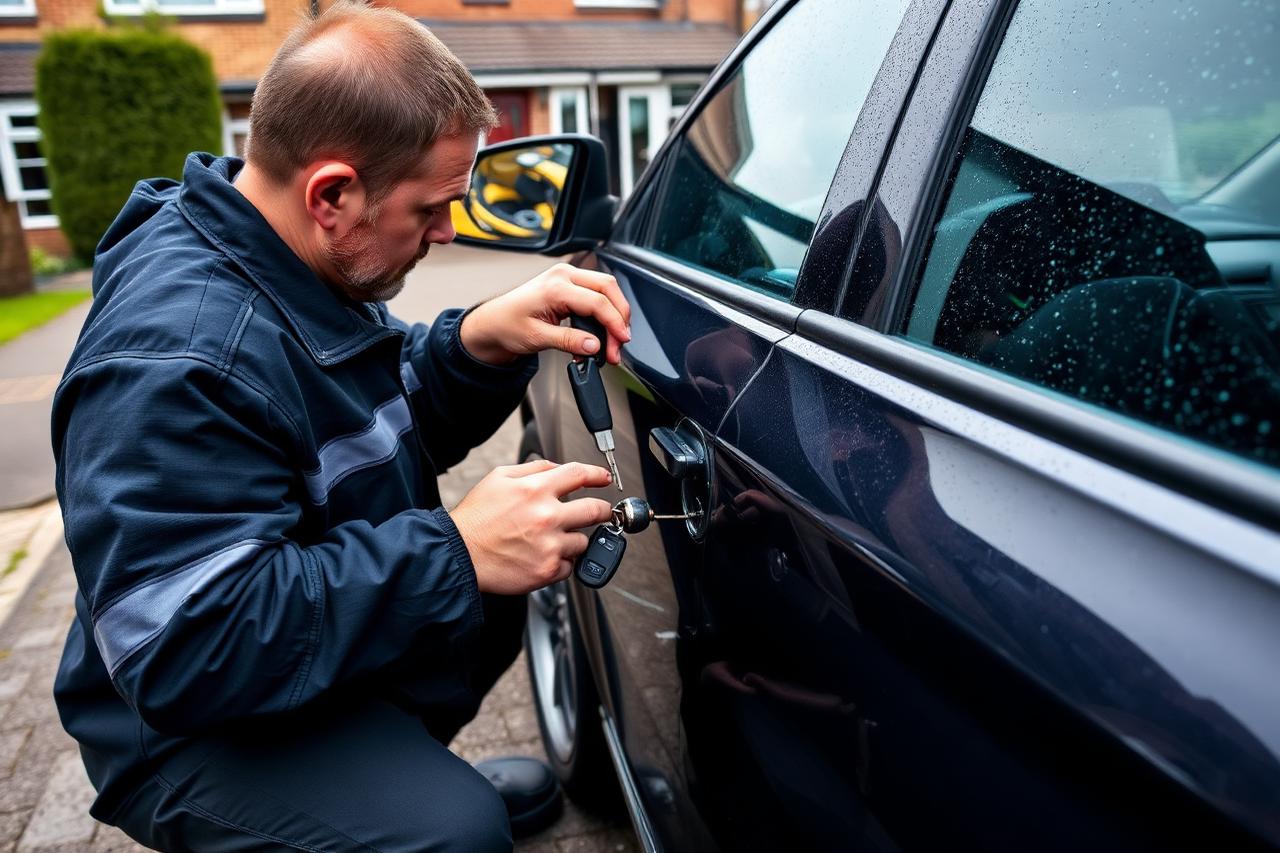 Auto locksmith working at a car door lock on a residential driveway