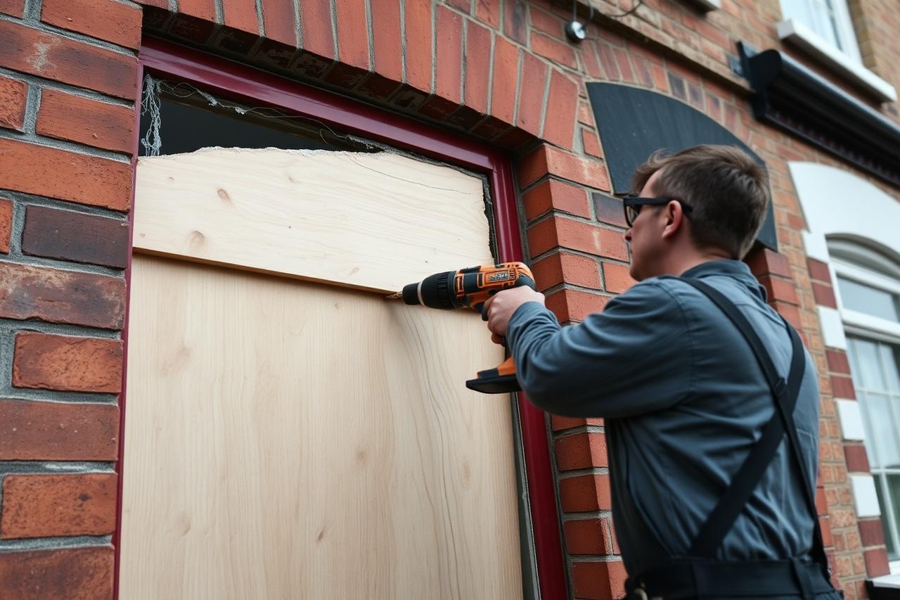 Tradesman screwing a plywood board over a broken window of a brick house
