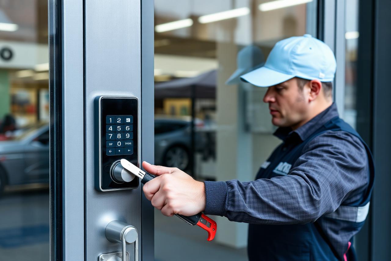 Locksmith fitting an access control keypad to a glass entrance door