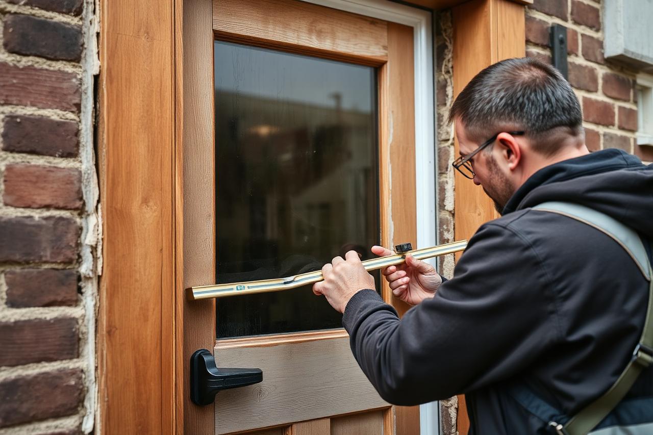 Tradesman levelling a new external door in a timber frame