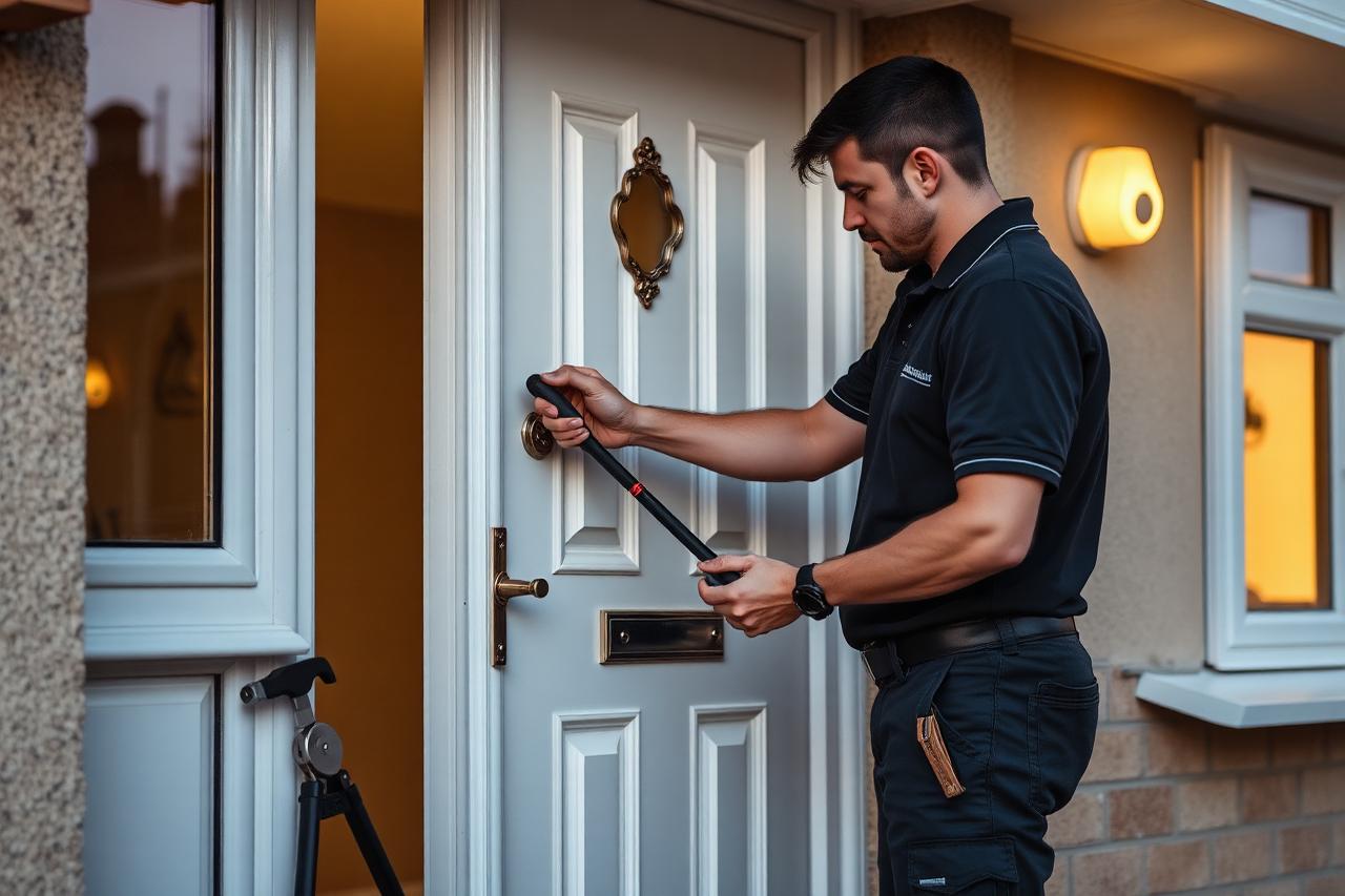 Locksmith working on the lock of a domestic front door in the evening