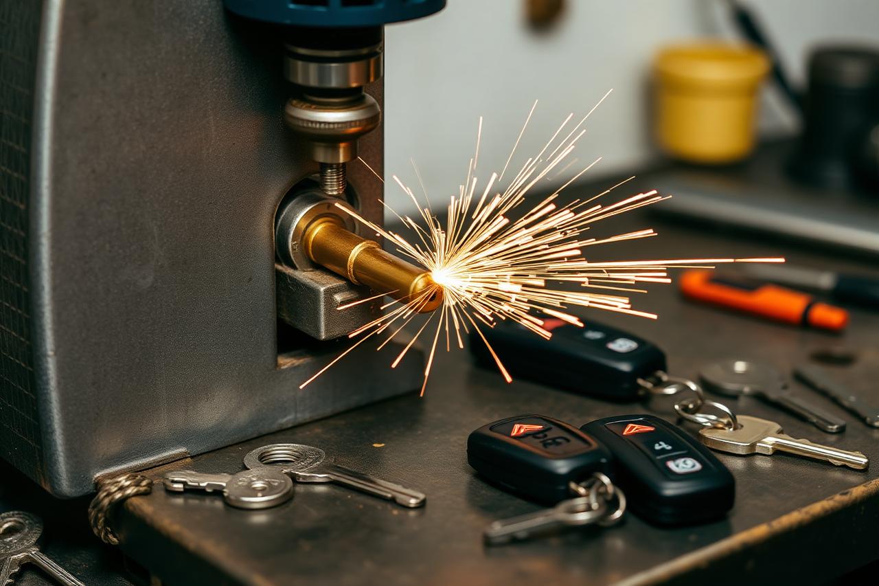 Key cutting machine cutting a brass key next to blank keys and fobs