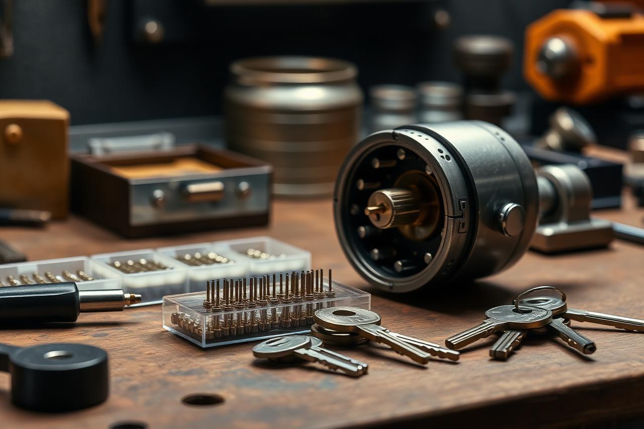 Locksmith bench with a dismantled lock cylinder, pin trays and matching keys