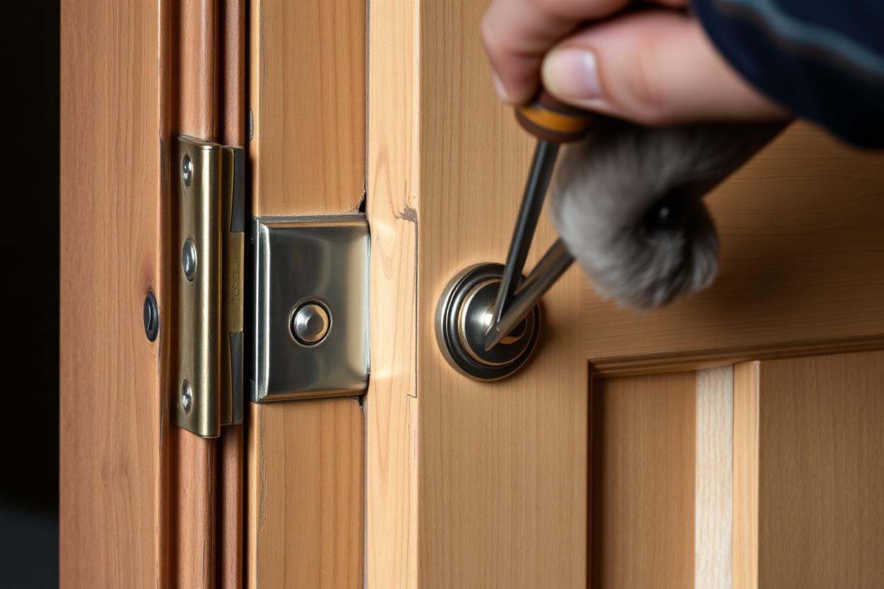 Close-up of a screwdriver adjusting lock hardware on a wooden internal door