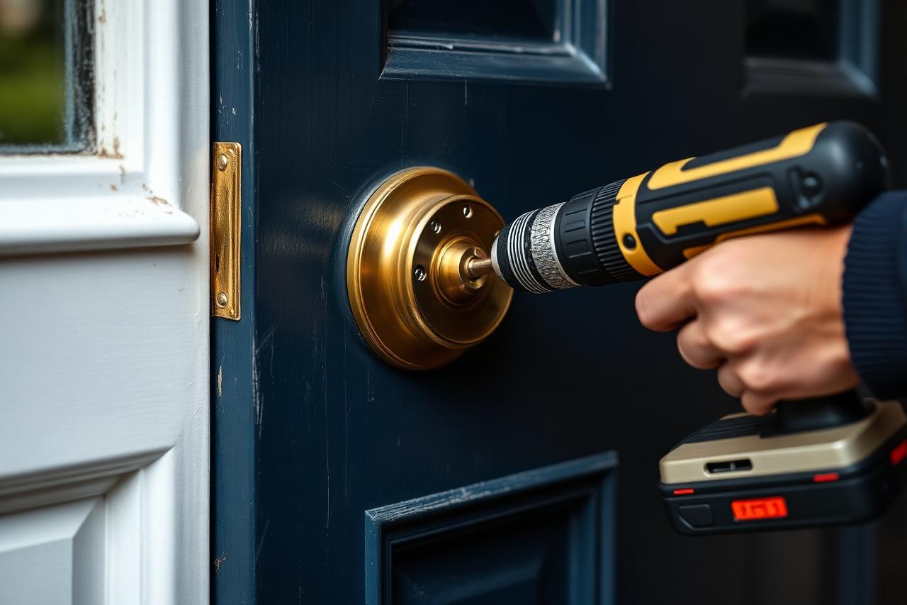 Locksmith fitting a new cylinder lock into a painted timber front door
