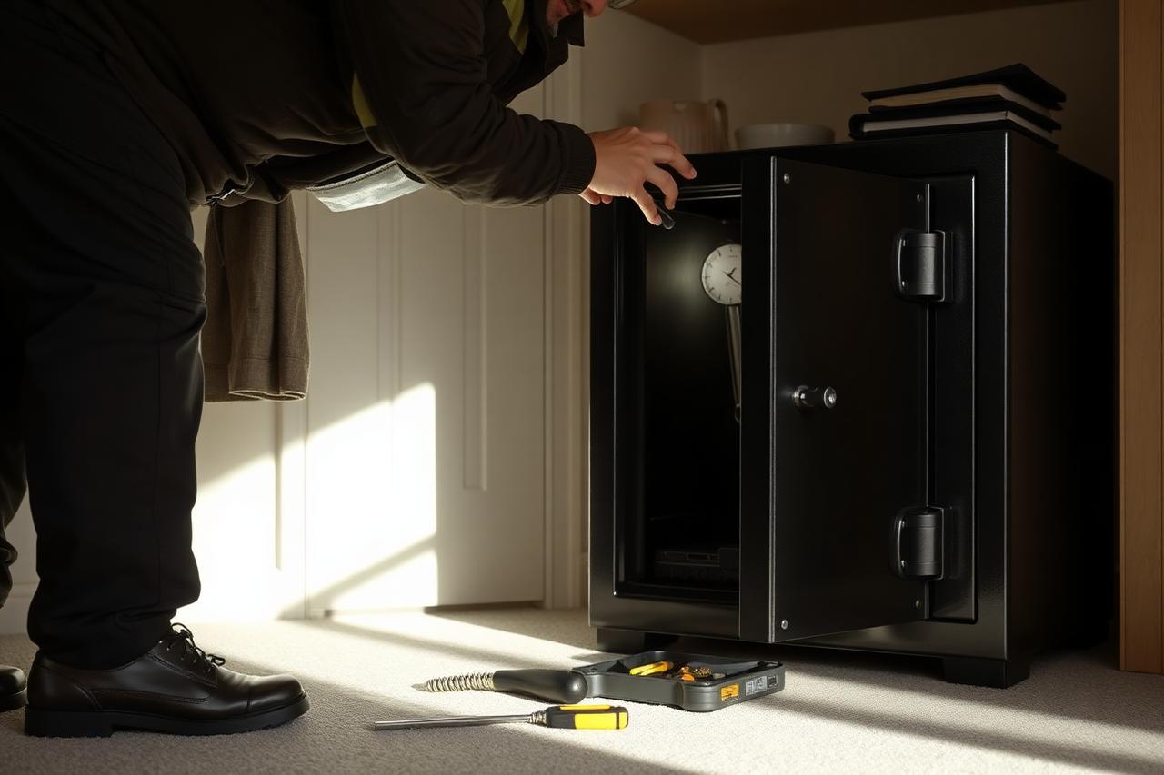 Technician working on the lock of an open black home safe