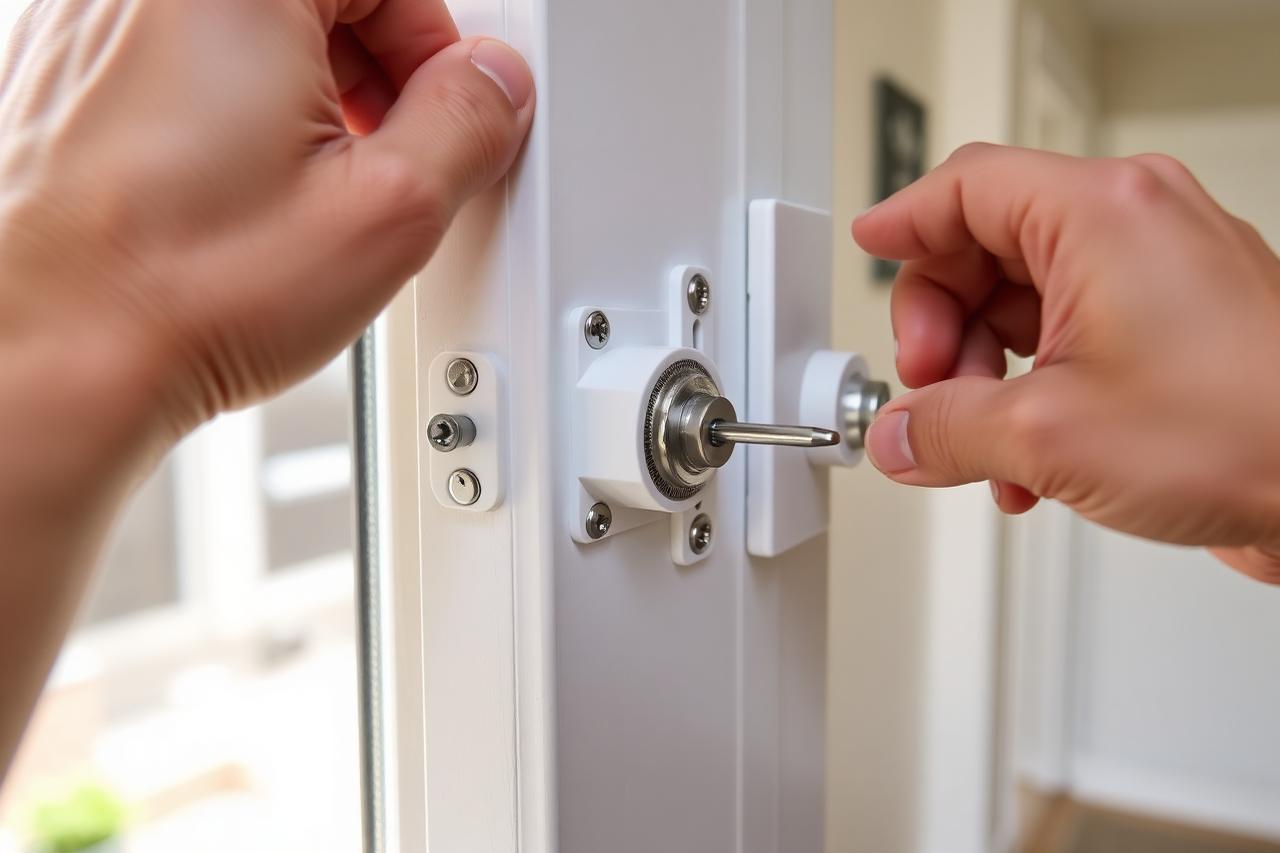 Hands fitting a multipoint locking mechanism into the edge of a white UPVC door